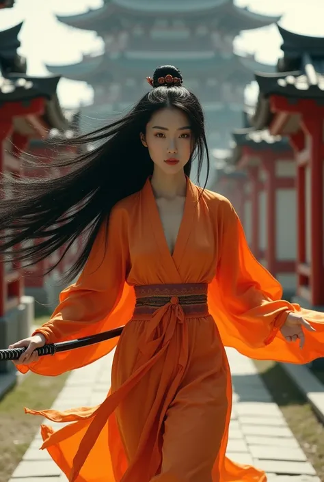 Beautiful lady japanese rapunzel real with very long black hair , dressed in a silk orange dress running with a katane in the pagode