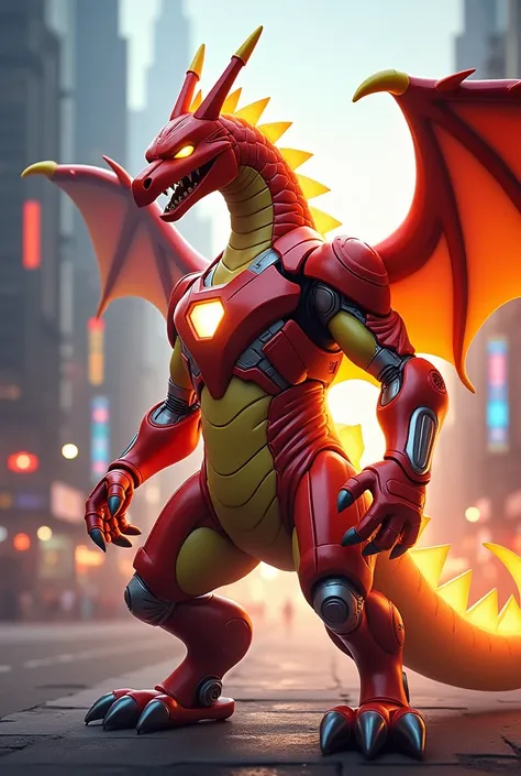 Create a 9:16 image of (Charizard) & (Iron Man)