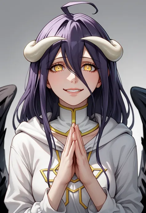 anime girl with purple hair and hoodie praying, albedo from the anime overlord, shalltear from overlord, gapmoe yandere grimdark, portrait gapmoe yandere grimdark, digital art from danganronpa, demon anime girl, yandere, albedo from overlord, shalltear blo...