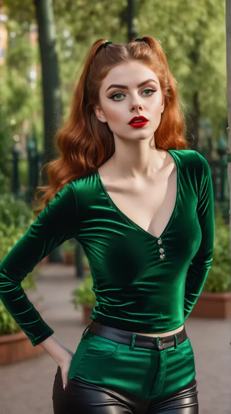 hyperrealistic beautiful busty 18 yo German woman, green slim velvet longsleeve top and shiny black vinyl skinny pants, realistic hazel eyes, Fashion-style image, premium quality clothes, looking surprised with eyes wide open, decent makeup with red lipglo...