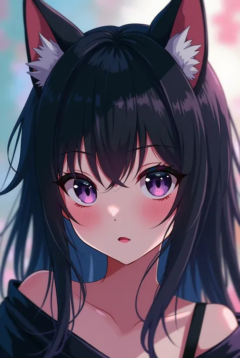 Black anime girl with ahegao face with puppy ears on her head and black hair and black eye color