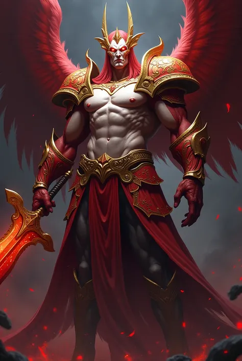 Do an Aatrox I want him with red armor white skin golden shoulder straps golden forearm helmet crown 