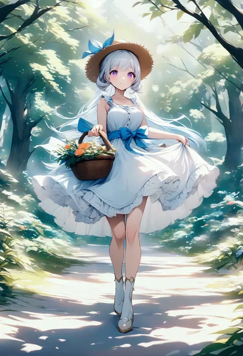 ultra detail, high resolution, ultra detailed, best quality, amazing, top quality, extremely detailed, 1girl, fairytale, adorable, young adult woman, medium breasts, tall, long legs, cute outfit, petticoat, light blue sundress with blue bow tied around wai...