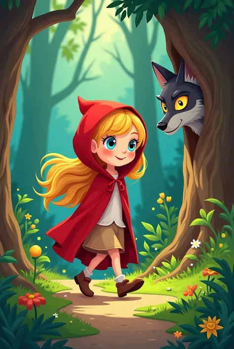 Cartoon illustration of a blond girl in a red hood walking through a forest. Behind a tree you can see a terrible wolf peeking out . 