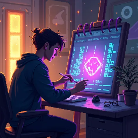 A determined gamer painting pixel art consistently across days, with a glowing calendar showing progress. Each day is marked with glowing streaks of success in radiant colors like golden yellow, vibrant violet, and electric blue. The background features a ...