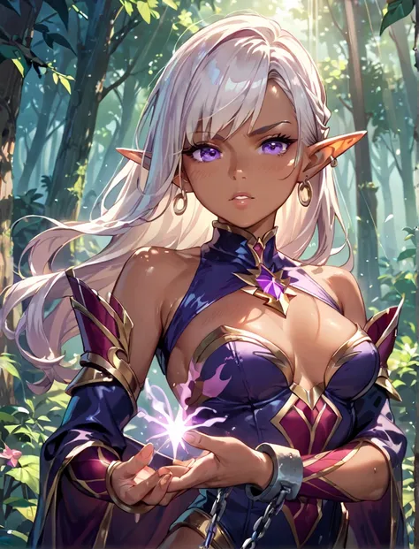 anime art: dark elf girl. slave. Chained . purple eyes . magical aura.  dark forest.  middle chest. . Magic rays coming out of your hands. aggressive look . Dark power