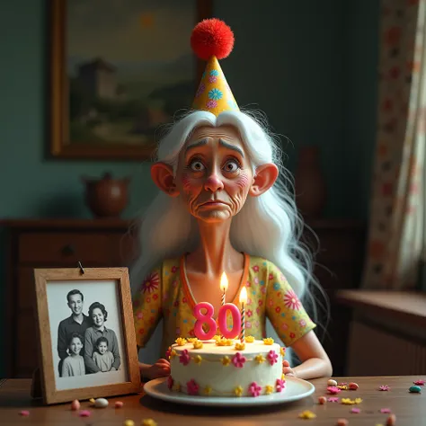 create a realistic image of an 80 year old lady with long white hair, wearing a flowery dress, her skin will be wrinkled and with a sad expression, on her head she will have a colorful birthday hat with a pompom on top, in front of her there will be a cake...