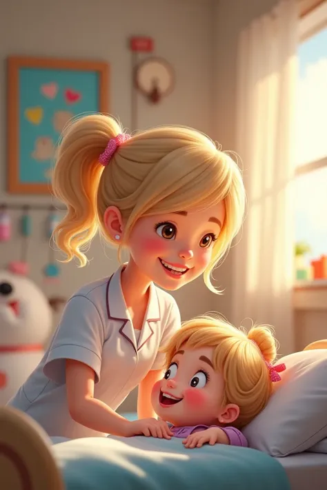  Little nurse looking after a child in her smiling infirmary, Blonde hair tied and pulled up by a clip at the back of the hair . 