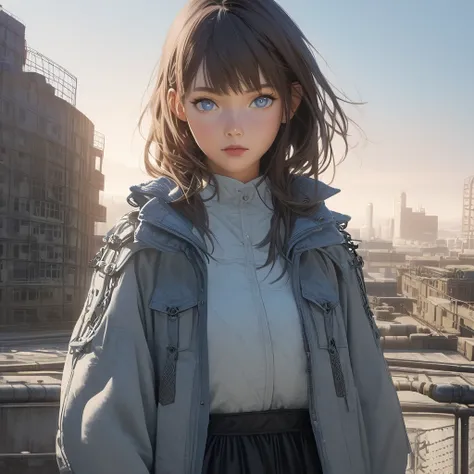 2girls, one with dark brown hair, light skin, and light-blue eyes, wearing a light gray jacket with her arms crossed, and a dark gray/black skirt, standing on a rooftop, and the other with light gray/blue hair, and light skin  wearing dark blue jacket and ...