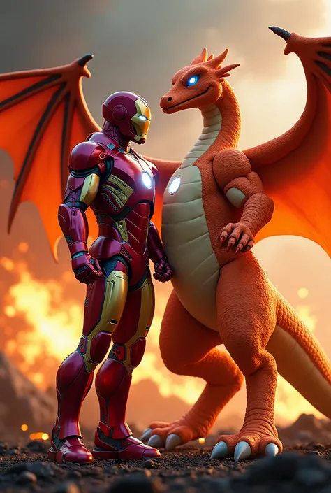 Iron Man and Charizard standing close together in a dramatic pose, showcasing their individual strengths. Iron Man is in his sleek red and gold armor, glowing with energy from his arc reactor and repulsors, while Charizard stands beside him, its powerful w...