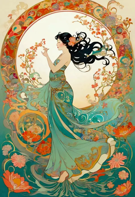 Hallucinatory, Tsuruta Ichiro Style Beauty Painting , Hypnotic Patterns , Abstract, Euphoric,  Fluid Shapes ,  jewelry, flower, spring,  flat illustration .  Negative Space in the Shape of a Dancing Womans Body .  Japanese Mythology Goddess, Mucha style, N...