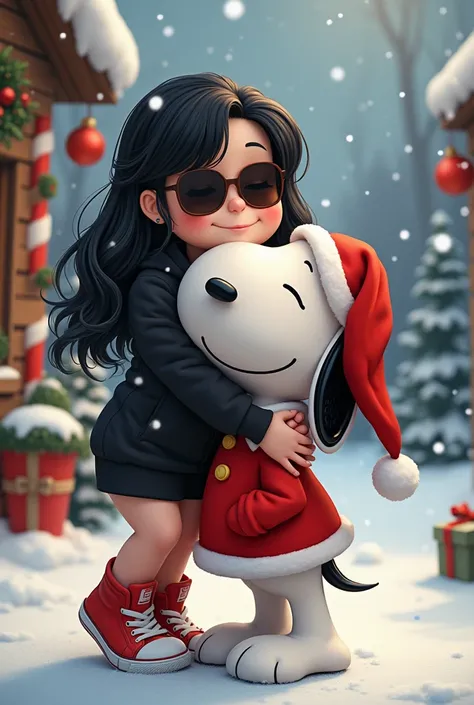 Penauts type image semi-chubby white woman with long dark hair with light highlights wearing sunglasses short black sports dress tennis shoes hugging Snoopy Christmas scene 