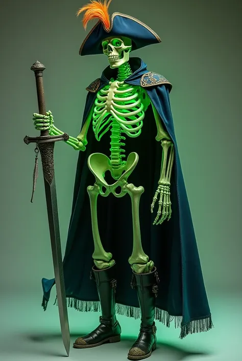  Make a skeleton of translucent greenish skin that can only exert his bones and the shine of his translucent greenish skin, make it with 1,66 tall,  with a musketeer hat with an orange feather on the hat ,  his head is just a skull with pointed teeth ,  hi...