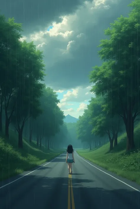 Highway, Big green trees, A little rain, Dark clouds, A girl will be walking, The view is quite wide, anime movie look like