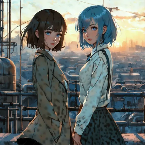 2girls, one with dark brown hair, light skin, and light-blue eyes, wearing a light gray jacket with her arms crossed, and a dark gray/black skirt, standing on a rooftop, and the other with light gray/blue hair, and light skin  wearing dark blue jacket and ...