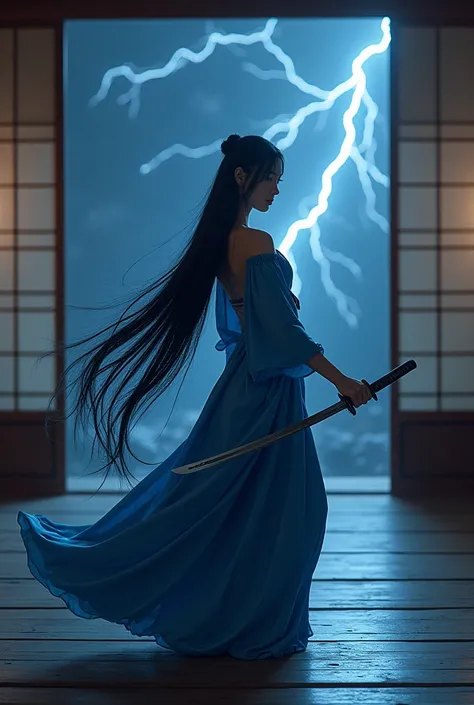 Beautiful lady japanese rapunzel real with very long black hair , dressed in a silk blue dress dancing with a katane in the dojo lightning in the night