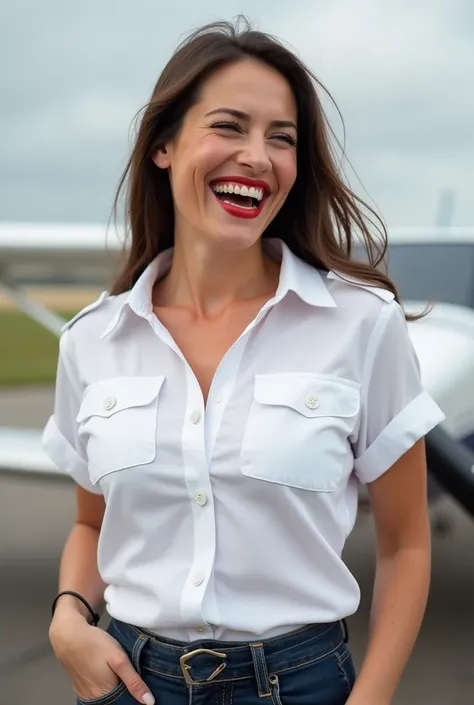 white lady 35 years old, in white down-button pilot shirt, laughing with her mouth open, red lipstick accentuating her smile,belt on waist, big wide hips, chest are fully grown, HD, aerodrome, photo-realism
