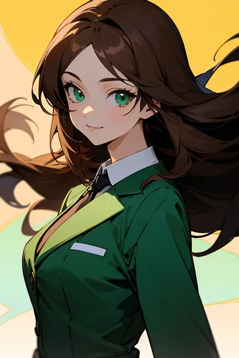 The beautiful anime poster shows a girl with brown hair and green eyes dressed in a business suit. The poster is made in bright and saturated colors that emphasize the beauty of the girl and create an atmosphere of intrigue and mystery, full-length, The gi...