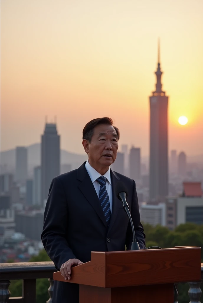  A prominent politician from Taiwan in a suit ,  in front of a modern city skyline . He gives a speech at the lectern ,  as the sun sets over Taipeis skyscrapers .  The background is a mix of traditional and modern architecture.