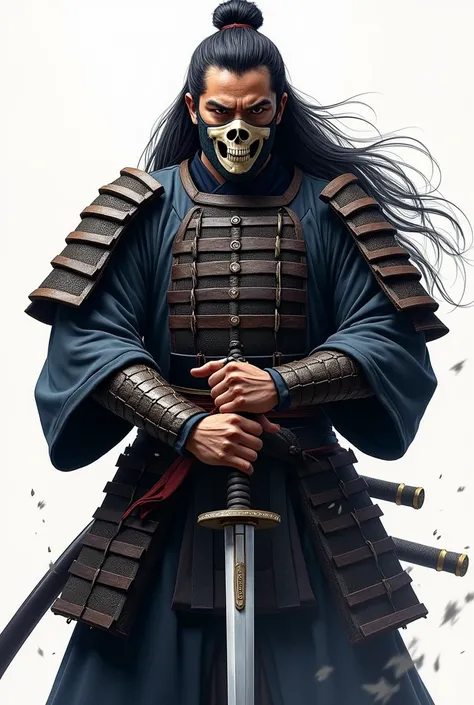  a formidable samurai with long hair looks forward, in the hands of a katana, put forward , on the lower part of the face mask skull , on a white background in full growth 