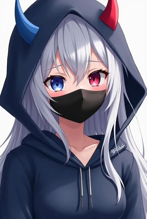 Anime gral wearing a dark blue hoodie and blue and red both eyes two different small hong on the head with blue and red colour also silver white hair with a black mask