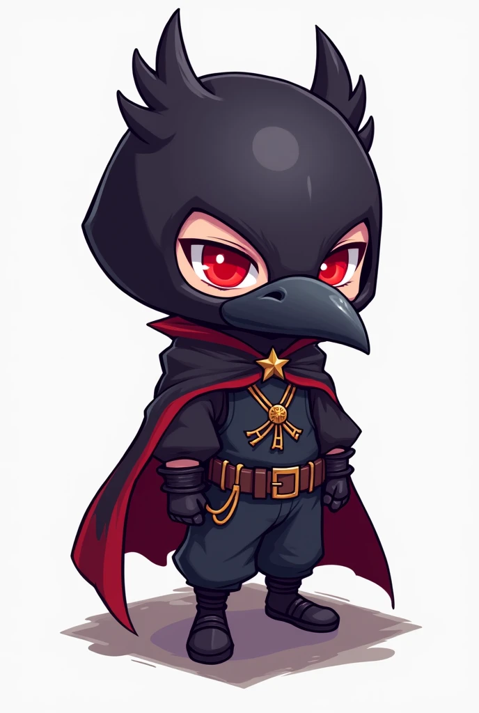 A digital art illustration of an isometric androgynous chibi-style character inspired by classic RPG games, wearing a raven mask, a cape that covers the entire body and scarlet red eyes, a smaller and more rounded body typical of chibi characters. Art shou...