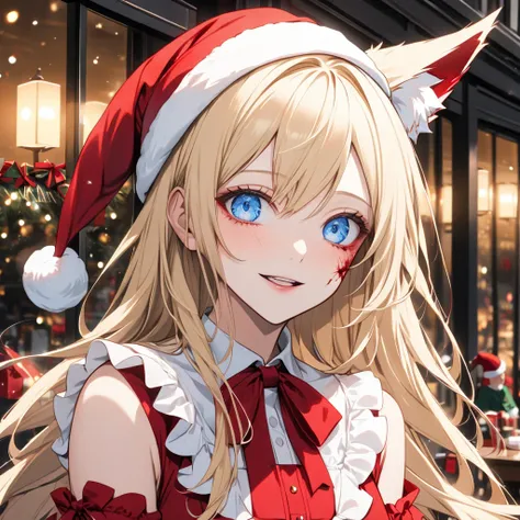 Woman, 25 years, Long Blonde hair, Blue eyes, Fox ears, Blood, Happy Yandere, Santa hat, Christmas dress, Café