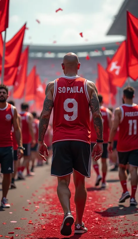  A full body photo, seen from the bottom of a very muscular old man ,He has tattoos  , clothes and accessories in the color red white and black , he is a fanatic for the São Paulo team , he is walking down a street full of fans celebrating with red ,white ...