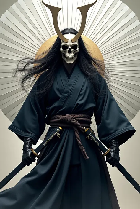  a formidable samurai with long hair looks forward, holds a katana ,  on the underside of his face - skull mask,  in front of his face on a full-length white fna 