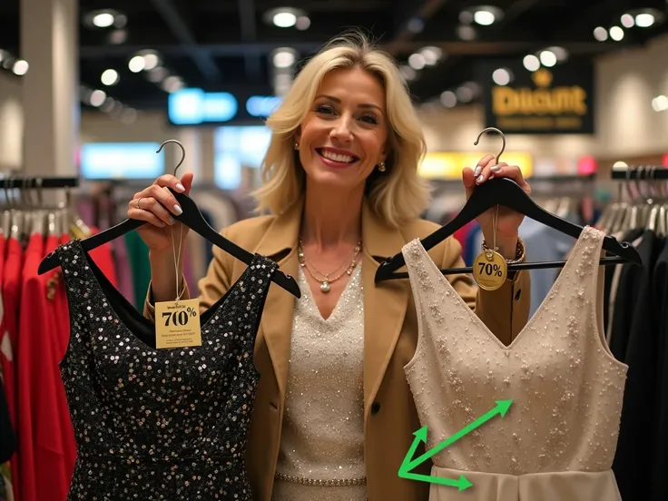 " A 50-year-old woman at a clothing store with Discount and Black Friday banners in the background . She holds two hangers :  a flashy dress with a high price tag and an elegant dress with a gold label highlighting -70%.  She points to the discount dress ,...