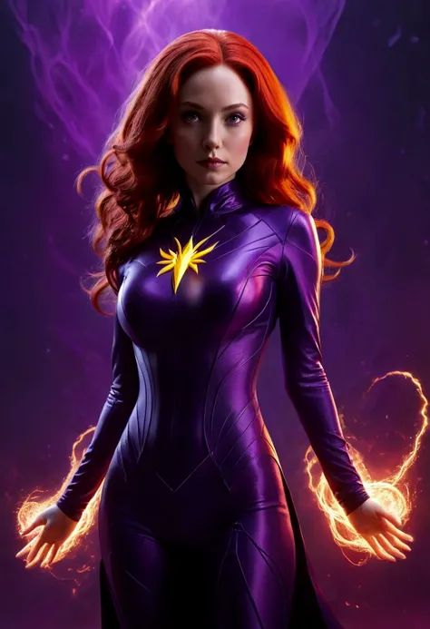 a cute woman in the role of marvels dark phoenix (cute, sexy violet villain costume silhouette of a dark phoenix on her chest, corona of dark energy, evil sexy stare, evil sexy pose) ruins of new york cords and tendrils of dark energy snaking around and pr...