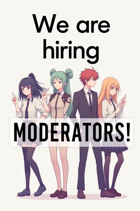 A minimalistic yet visually striking banner for an anime-themed Facebook group, calling for moderators. The design features multiple anime-style characters in dynamic poses, arranged in a clean layout with soft gradients and muted tones. The text We are Hi...