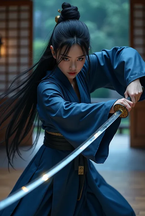 Beautiful lady japanese rapunzel real with very long black hair , dressed in a silk blue dress fighting with a katane in the dojo in the night