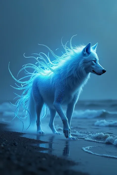 A ghostly wolf with glowing, jellyfish-like tendrils flowing from its back, pulsating with bioluminescent light. Its semi-transparent fur reveals faint veins of glowing blue. The creature prowls along the misty shoreline, its eerie presence blending with t...