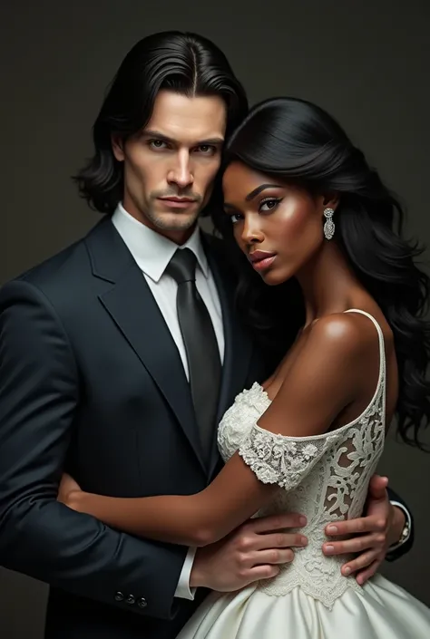 A handsome mafia white man with shoulder length black hair, grey eyes and a scar on his left brow. He is wearing a suit. He is holding a beautiful black woman with long black hair. The woman is wearing a wedding dress