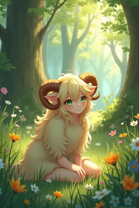 generate image of a character, male, beige hair, mythical, sheep ears, illustration, kneeling, in the grass, forest, flowers, green eyes, semi realistic style, soft coloring, fluffy hair, from distance, man