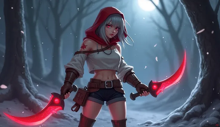 League of Legend arcane character 18 year old female Gray hair hunter style red eyes, sharp face,Wearing an old, worn red hood Wear a white long-sleeved off-the-shoulder shirt. black shorts brown boots.Serious expression holding a pair of ancient red dagge...