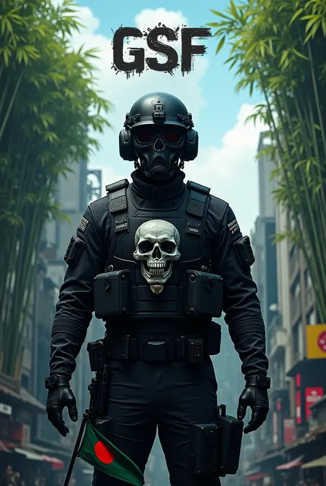 Special force black modern tactical helmet with t humen teeth mask not full face and Skull face middle of  uniform  In the urban area 
And  many treess bambos blue cludy sky  holding Bangladesh flag  and write on top is GSF