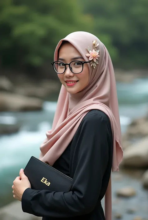  A beautiful Asian girl wearing black fram clear glasses accessories wearing a neat pasmina shari hijab with a tulip brooch, wearing a muslim dress model dress wearing tiniggi heels ,  standing on the rocks by the river in an elegant pose holding a black w...