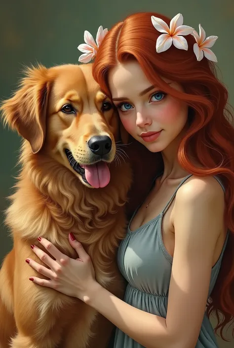 Une image réaliste, avec des détails très précis, dun chien maltais avec une belle fille aux longs cheveux roux bouclés, les yeux fermés, les joues rouges, des fleurs ornant ses cheveux, une robe dété caribéenne, une relation damour et de tendresse qui les...