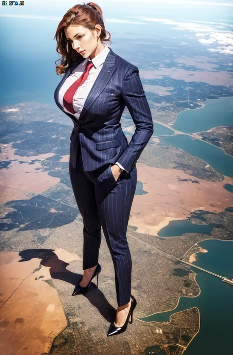 Giga Giantess art 1:4, two highly detailed giga giantess, ginger hair,bbw white woman full body view, 1000 miles tall giga giantess, giga giantess so massive the world is very small to her, huge breasts, light grey pinstriped 3 piece suit with trouser and ...