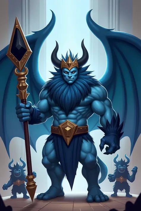 The blue coloured large  flying with a human like body and black horns and the same face as in  troop minion from clash of clans  having majestic and beautiful wings holding a stick like weapon made of metal  with big  black diamond shaped marble on its to...