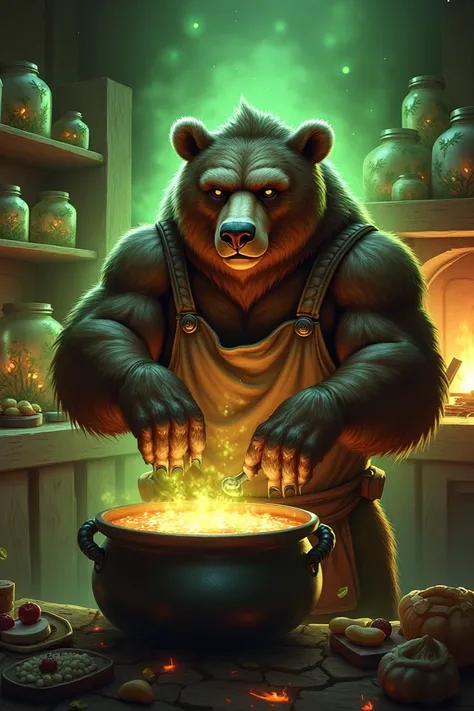 • Bertram the Brooding Bear: A large, grizzly bear stirring a bubbling cauldron of stew over a fire in a rustic kitchen. His apron is stained from years of hearty meals, and glowing herbs float around him, illuminating the scene with a soft green hue. The ...