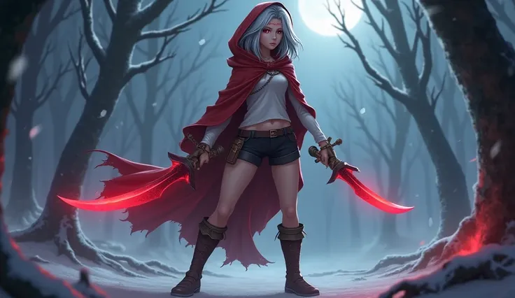 League of Legend arcane character 18 year old female Gray hair hunter style red eyes, sharp face,Put on an old, worn-out red cloth worn red hood Wear a white long-sleeved off-the-shoulder shirt. black shorts brown boots.Serious expression holding a pair of...