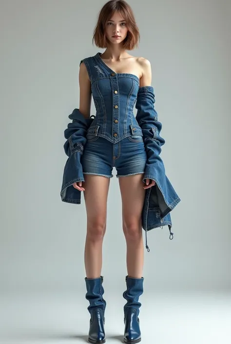 Avant garde , denim, full body , avant garde, asymmetrical corset , asymmetrical shorts 