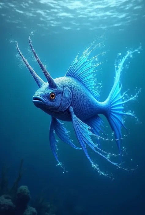 Create a blue fish that has sword-rich horns ,  and has electric kicks that sparkle in the ocean