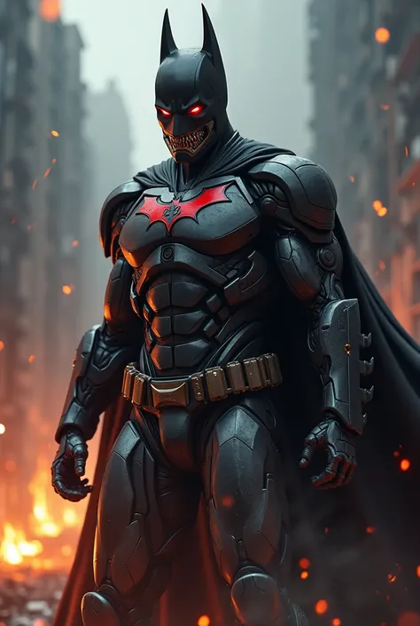 Design a terrifying hybrid character combining the features of Batman and Iron Man. The entity should have Batman’s sharp, bat-like ears, dark armor elements, and a cape integrated seamlessly with Iron Man’s metallic, glowing armor, repulsor lights, and fu...