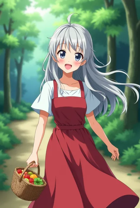 A beautiful girl with long silver hair is walking along a forest path and is smiling brightly with a lunch basket in one hand,  Japanese cartoon movie , Red dress , white blouse,  upper body close-up 