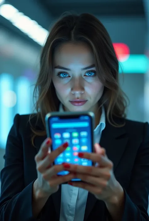 a women wearing a  blue color bright eye lens, operate a mobile phone show the display of mobile phone to us to show how it work.