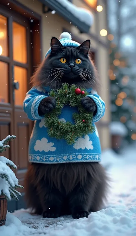   digital fluffy black Siberian cat with yellow detailed live reflective eyes,  as realistic as possible , stands on its hind legs, clear, detailed,  beautiful fur against the very fluffy tail  ,  dressed in a soft blue knitted sweater with white cloud pat...